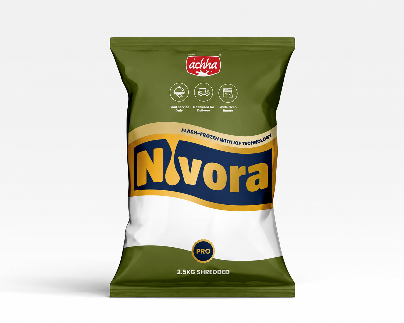 Nivora Mozzarella Pro shredded cheese pack in olive green with navy and gold Nivora logo
